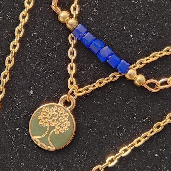 Layered Gold Plated Heart Long Necklace Medallion Pendant Blue stones Chain tree - Picture 4 of 15